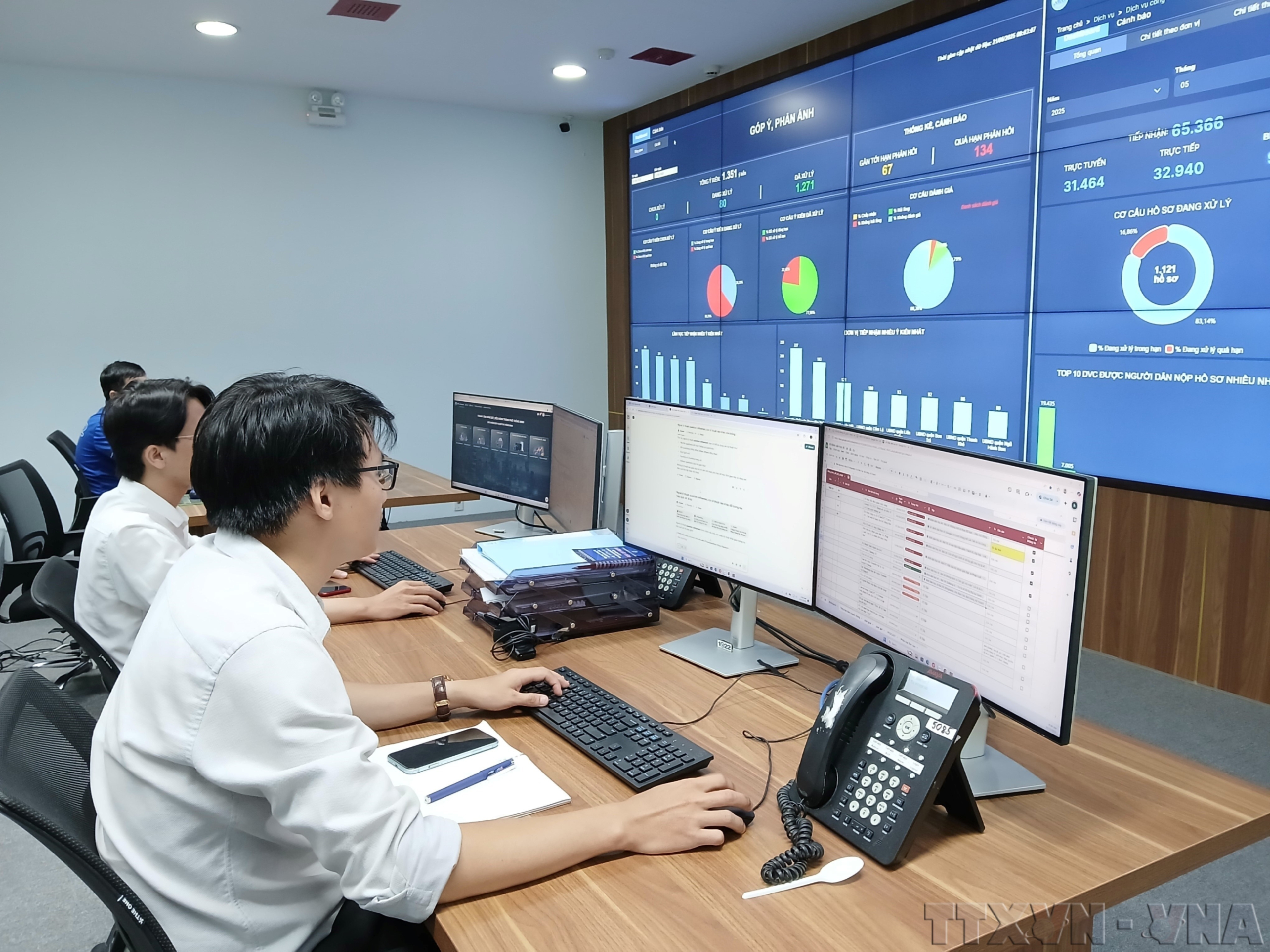 Trung tâm giám sát, điều hành thông minh (IOC) thành phố Đà Nẵng triển khai chia sẻ dữ liệu đến các phường, xã. (Ảnh: Mỹ Hà/TTXVN)